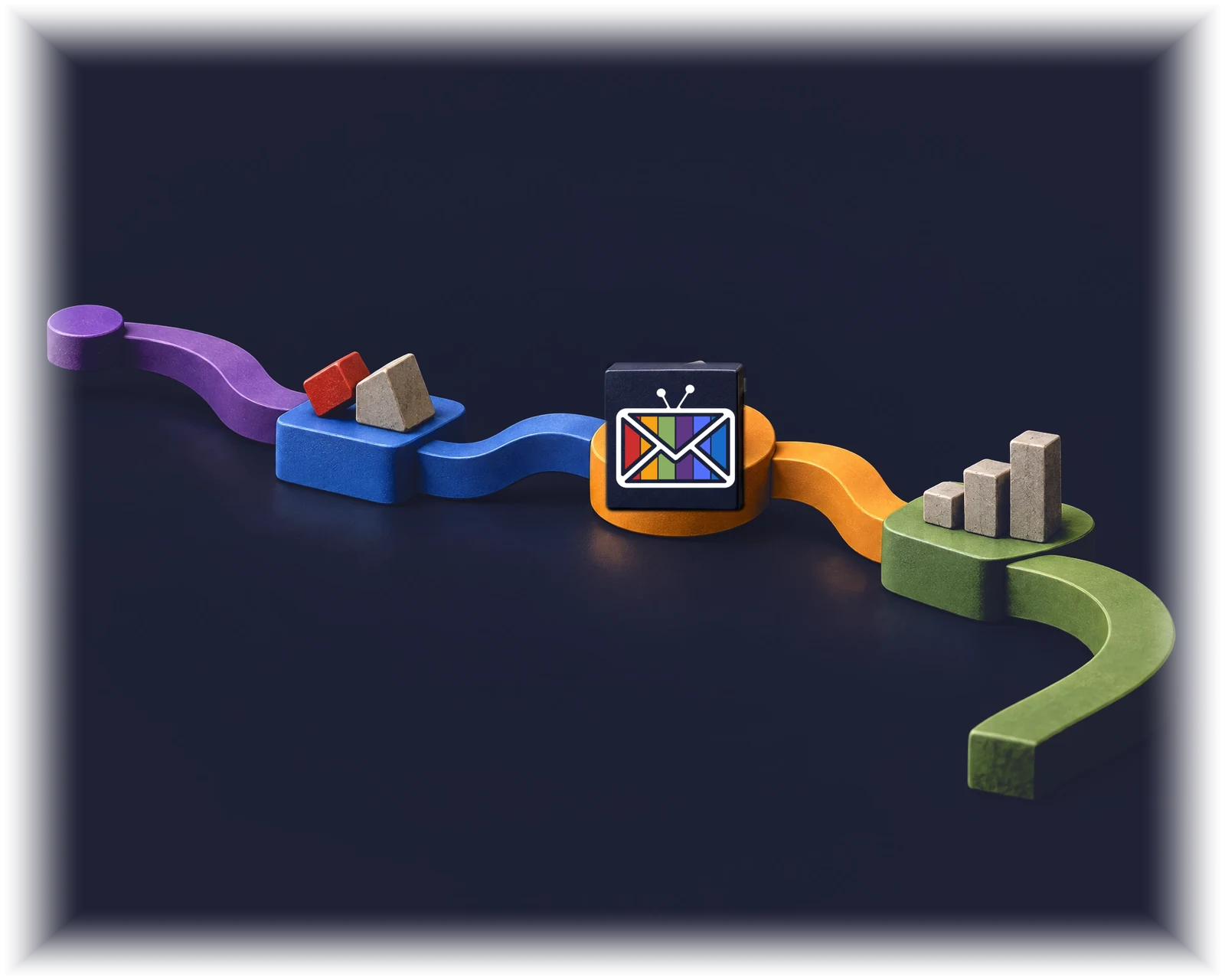 Four tactile purple, blue, orange and green junctions connect into a continuing route after launch.