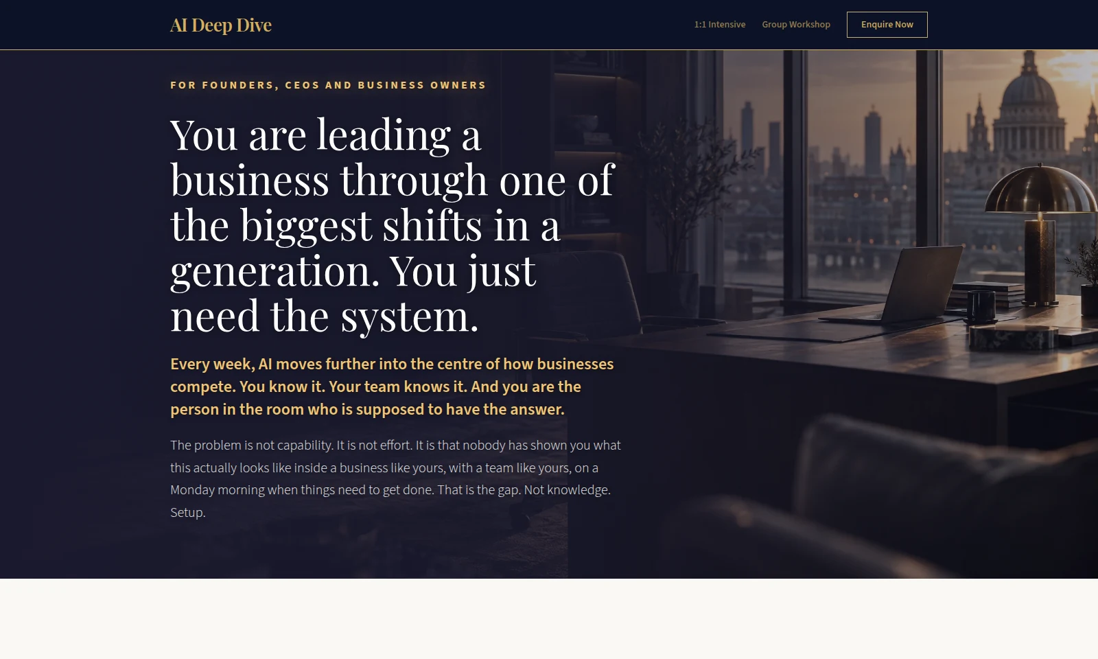 AI Deep Dive homepage for founder AI intensive and workshop