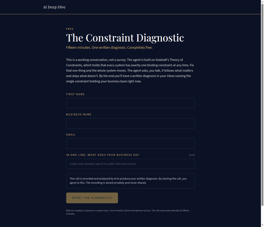 The AI Deep Dive Constraint Diagnostic voice experience landing page