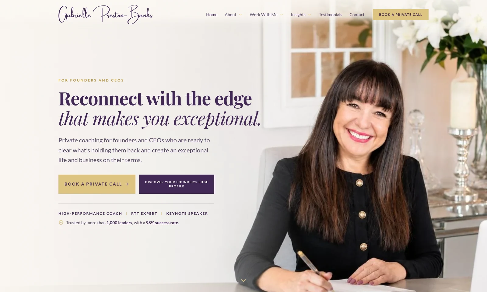 Gabrielle Preston-Banks homepage showing a founder coaching offer